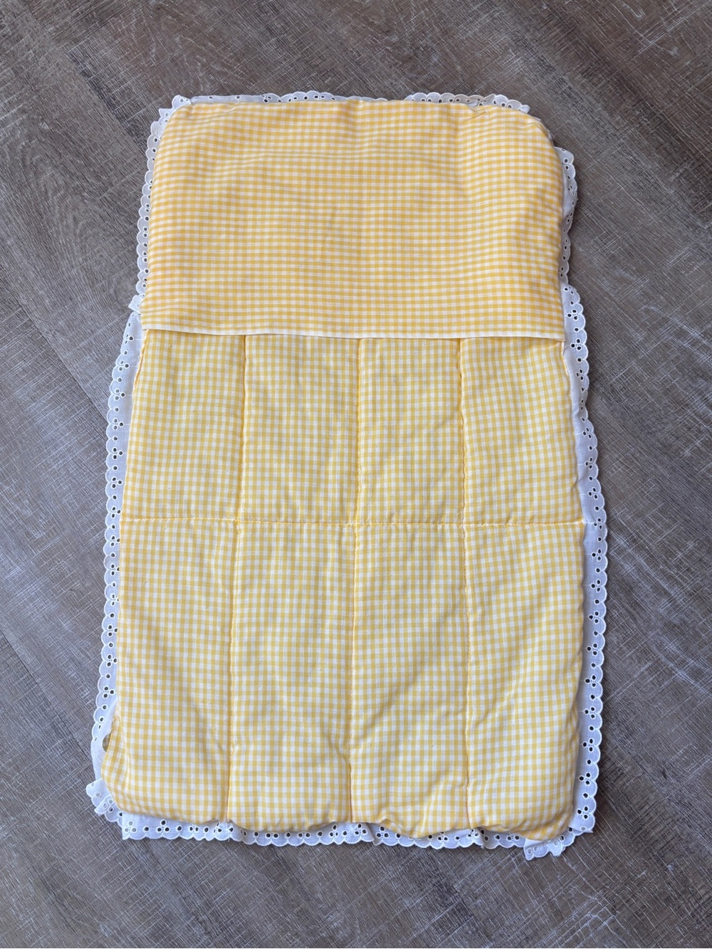 Vintage Portable Baby Changing Pad Blanket Unisex Yellow Gingham Eyelet Lace